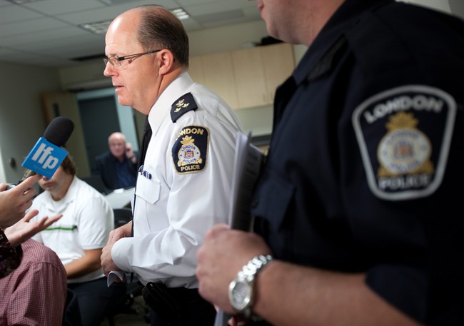 London Police Chief Brad Duncan speaks at a press conference September 28, 2011, announcing police have charged Chris Moorhouse, a 26-year-old London, Ontario man in the banana toss incident at last week's Philadelphia Flyers, Detroit Red Wings exhibition NHL game at the John Labatt Centre. THE CANADIAN PRESS/ Geoff Robins.