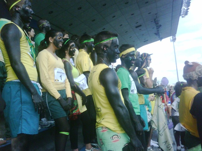 People in blackface take part in a back-to-school event at the Universite de Montreal, Wednesday, Sept.14, 2011 in a handout photo provided by Anthony Morgan. The event is being characterized as racist after students painted themselves in blackface. Students at the Universite de Montreal’s business school dressed up as Jamaican sprinters, with black paint covering their skin, for a frosh-week event. THE CANADIAN PRESS/HO-Anthony Morgan