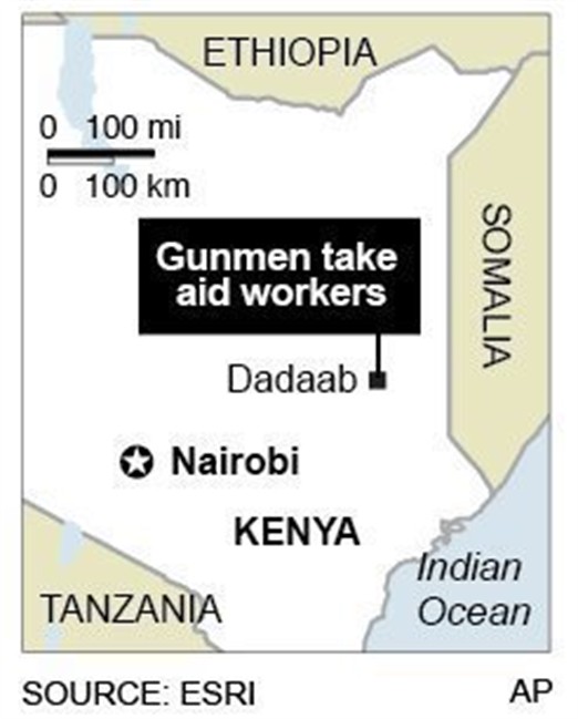 Map locates camp, where gunmen take aid workers.