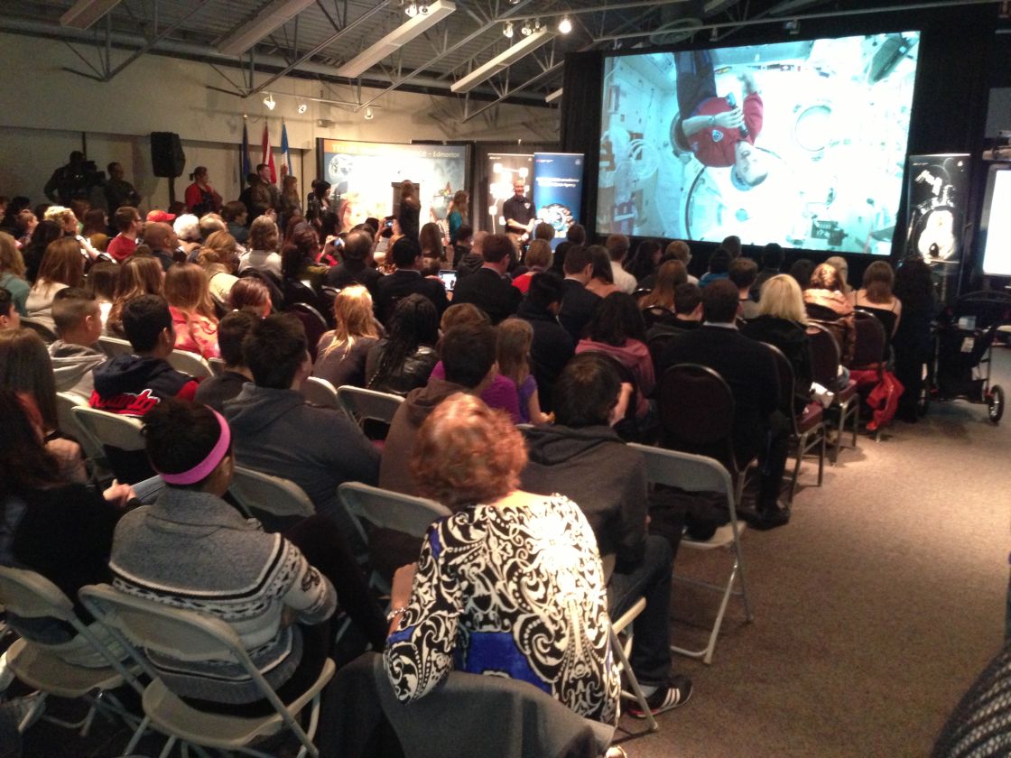 Grade 7-10 students have a Q&A session with Chris Hadfield at the Telus World of Science in Edmonton April 9, 2013.