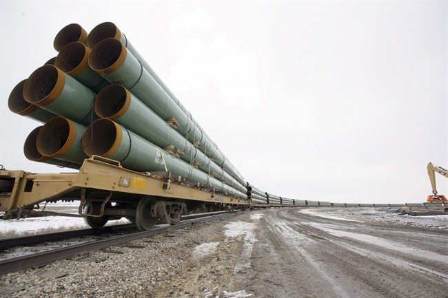 Rail cars arrive in Milton, N.D., loaded with pipe for TransCanada's Keystone XL project in this Feb. 28, 2008 file photo. 