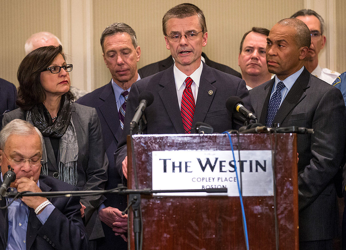 Front, from left to right: Mayor Thomas M. Menino, FBI Special Agent Richard DesLauriers, and Gov. Deval Patrick spoke during a press conference regarding Monday’s bombings on Boylston Street, during the Boston Marathon.
