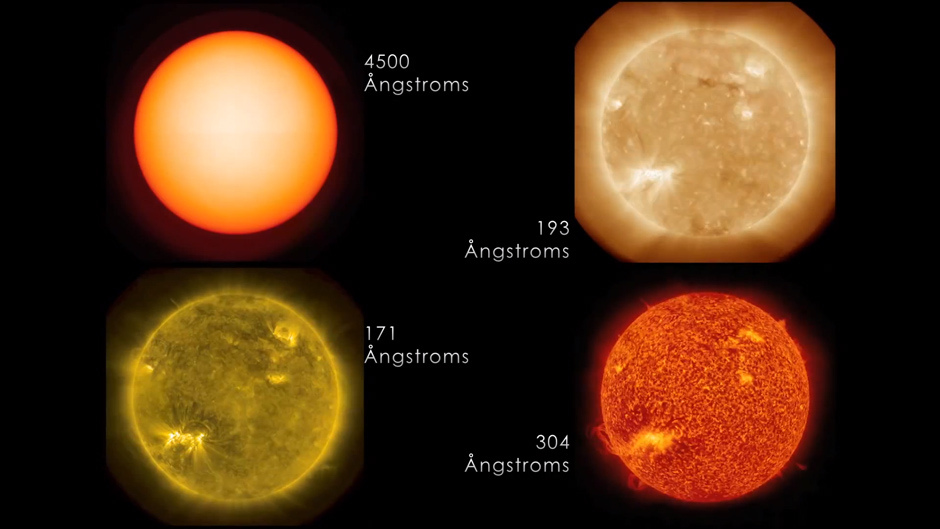 The various wavelengths recorded by the SDO look surprisingly different. (NASA/SDO)