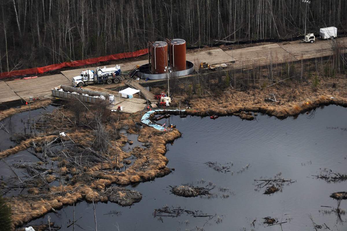 Aerial photos of the cleanup of a Plains Midstream pipeline break northeast of Peace River, Alta. on May 4, 2011.