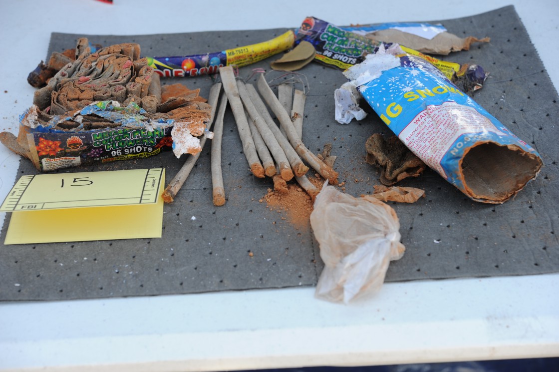 In this handout provided by the U.S. Department of Justice, a collection of fireworks that was found inside a backpack that belonged to Boston Marathon bombing suspect Dzhokhar Tsarnaev taken on an unspecified date and place. The backpack was recovered by law enforcement agents from a landfill in New Bedford, Massachusetts on April 26, 2013.