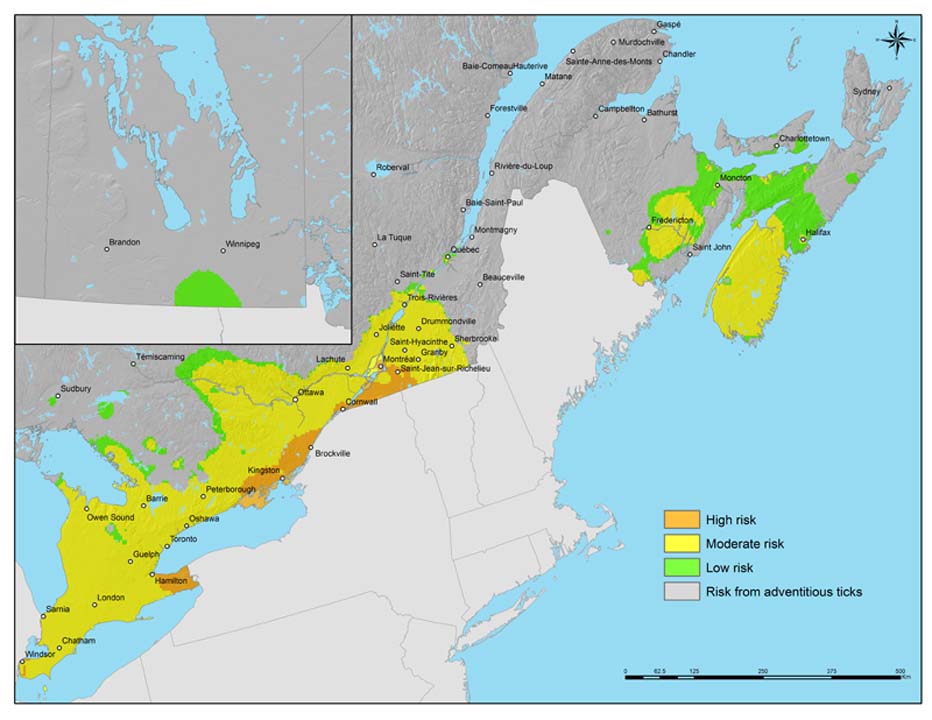 A map showing areas predicted to be at risk for emergence of Lyme endemic areas in eastern and (inset) central Canada.