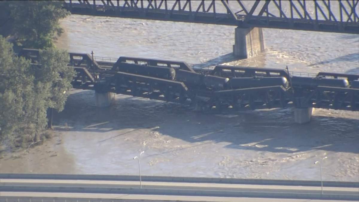 The Bonnybrook bridge in Calgary, compromised and in danger of collapsing. From the Global 1 helicopter. June 27, 2013.