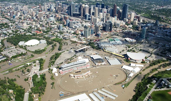 A flooded downtown Calgary is seen in an aerial view of the city Saturday, June 22, 2013.