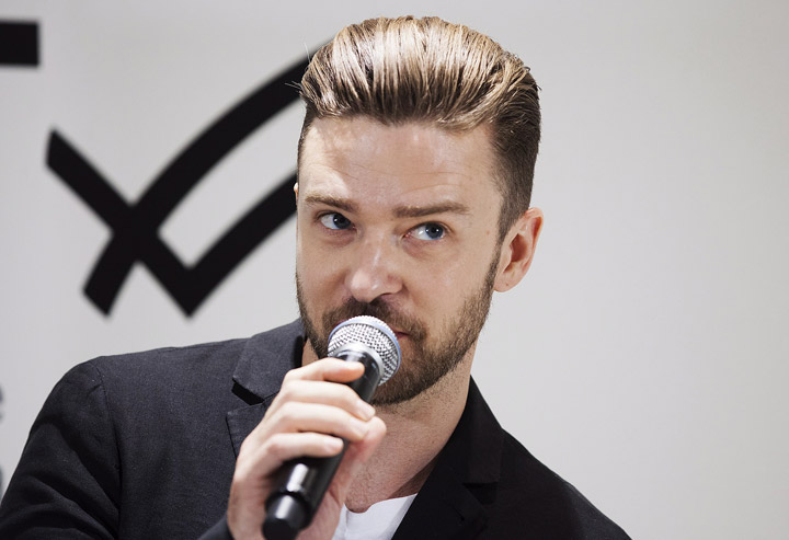 Justin Timberlake addresses fans at a Hudson's Bay store in Toronto on July 16.