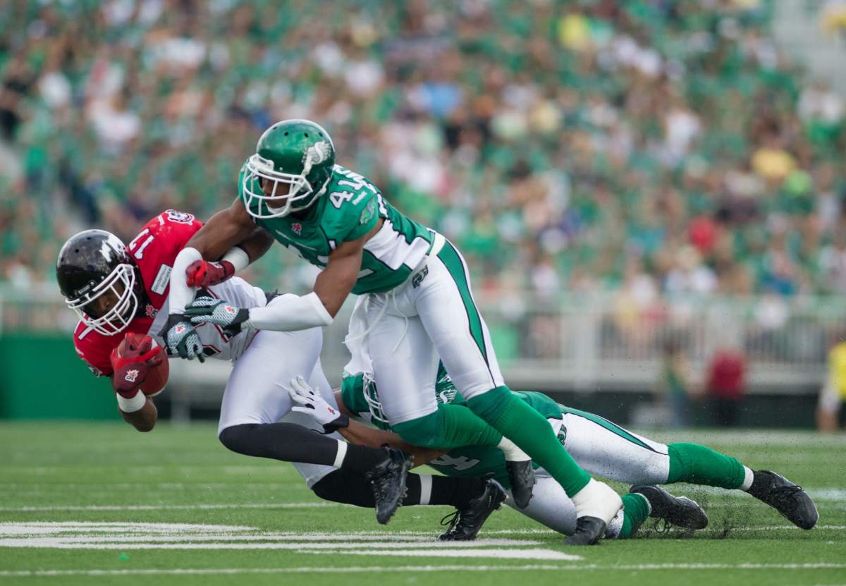 Montreal Alouettes receiver Chad Johnson, Saskatchewan Roughrider safety Tyron Brackenridge (pictured) have some fun on Twitter.