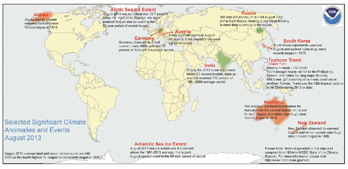 August 2013 Selected Climate Anomalies and Events Map (NOAA)