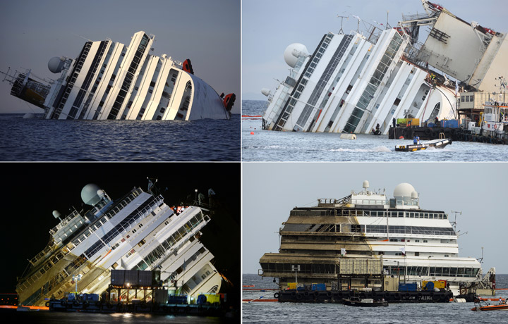 This combination made on September 17, 2013 shows four photos of the Costa Concordia, after the cruise ship ran aground and keeled over off the Isola del Giglio taken on January 14, 2012 (TopL), beginning to emerge during the salvage operation on September 16, 2013 (TopR) and (BottomL) and after he was turned upright (BottomR) on September 17, 2013.
