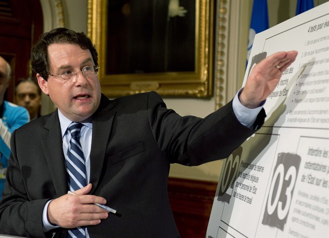 Quebec Minister responsible for Democratic Institutions and Active Citizenship Bernard Drainville presents the Charter of Quebec values Tuesday, September 10, 2013 at the legislature in Quebec City. THE CANADIAN PRESS/Jacques Boissinot.