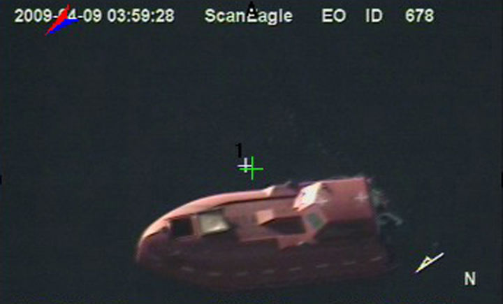 In a still frame from video released by the U.S. Navy taken by the Scan Eagle unmanned aerial vehicle, a 28-foot lifeboat from the U.S.-flagged container ship Maersk Alabama is seen Thursday, April 9, 2009 in the Indian Ocean. (Photo by U.S. Navy via Getty Images)