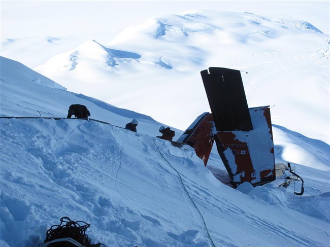 The wreckage from a Canadian plane that crashed in Antarctica on Jan. 23, 2013, killing three Canadians on board is shown in a handout photo.