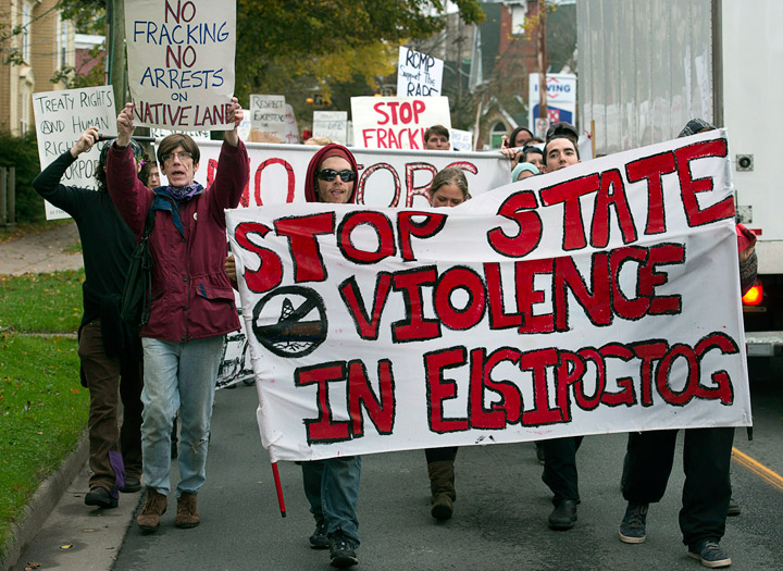 Demonstrators rally against shale gas exploration in Halifax on Friday, Oct.18, 2013. (Photo credit: The Canadian Press)