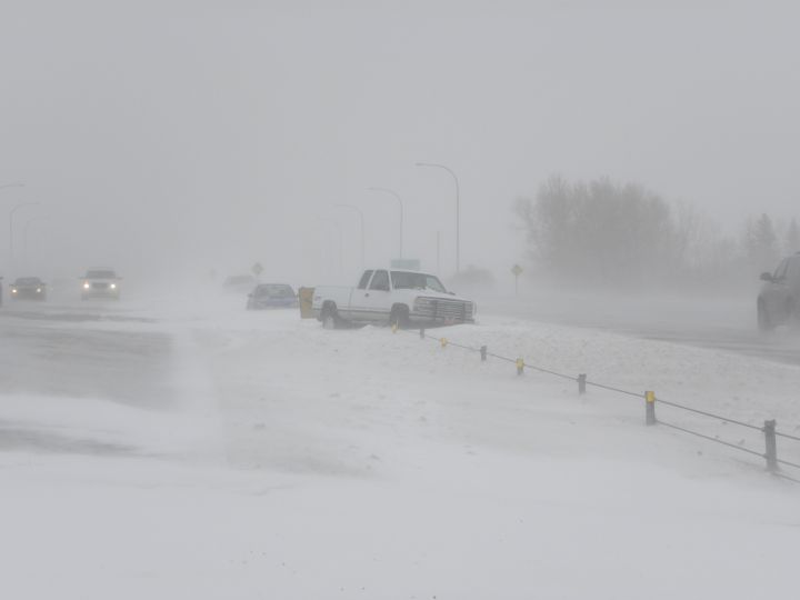 A truck leaves the road in a collision on Alberta's Highway 2.