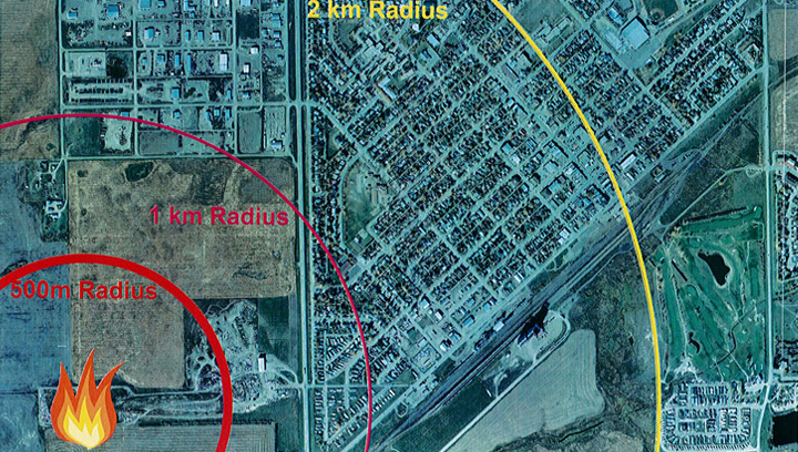 The “shelter-in-place” radius where the landfill fire is burning in Kindersley, Sask. The landfill is located on the west side of Highway 21 by the railway tracks in the southwest corner of the town in western Saskatchewan.