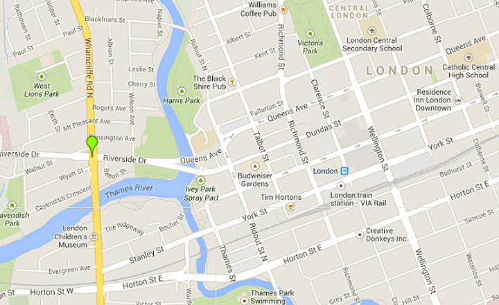 The blaze broke out around 3:30 a.m. at the 15-storey, 132-unit highrise building in London, Ontario (near Wharncliffe Rd. and Riverside Dr.) which is home to mostly low-income or disabled seniors. Location of the marker is approximate. 