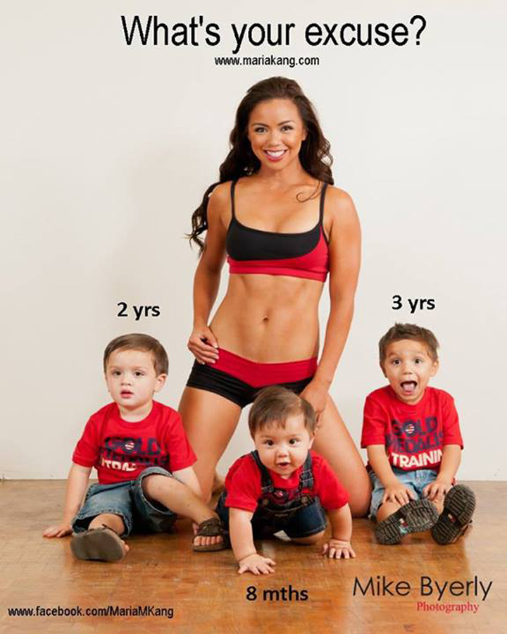 Maria Kang has three kids all under the age of three years old and a six-pack of abs, to boot. And in a photo flaunting her toned figure and young family, the mom and business woman asks others, “What’s your excuse?”