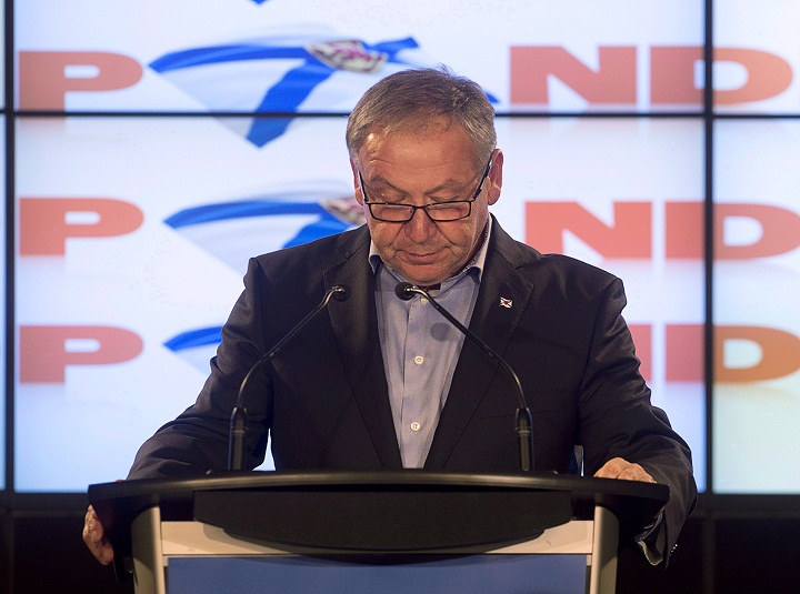 Premier Darrell Dexter addresses supporters after being defeated in the Nova Scotia provincial election in Halifax on Tuesday, Oct. 8, 2013. Nova Scotia's New Democrats face a long road to recovery and the possibility of an internal battle over their future direction following a bruising electoral defeat, party stalwarts say.