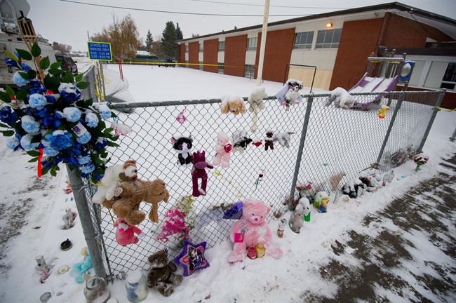 A memorial is shown outside Racette Junior High School in St. Paul, Alta. on Monday, Oct. 29, 2012. THE CANADIAN PRESS/Ian Jackson
