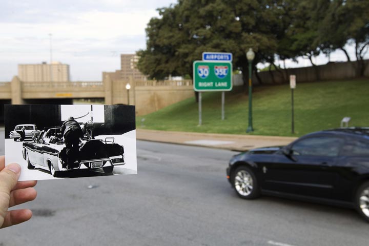 This Sept. 10, 2013 photo shows an Associated Press image taken Nov. 22, 1963, of Jackie Kennedy and Secret Service agent Clint Hill climbing on the back of the limousine after U.S. President John F. Kennedy was shot, juxtaposed with the current scene in Dallas. (AP Photo/Houston Chronicle, Cody Duty)