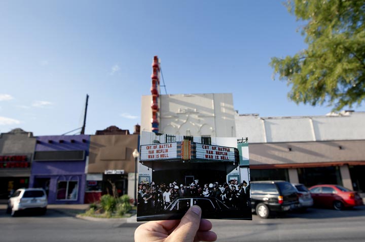This Sept. 10, 2013 photo shows an image taken by Stuart Reed on Nov. 22, 1963, of Lee Harvey Oswald’s arrest, juxtaposed against the modern day Texas Theatre, in Dallas. (AP Photo/Houston Chronicle, Cody Duty)