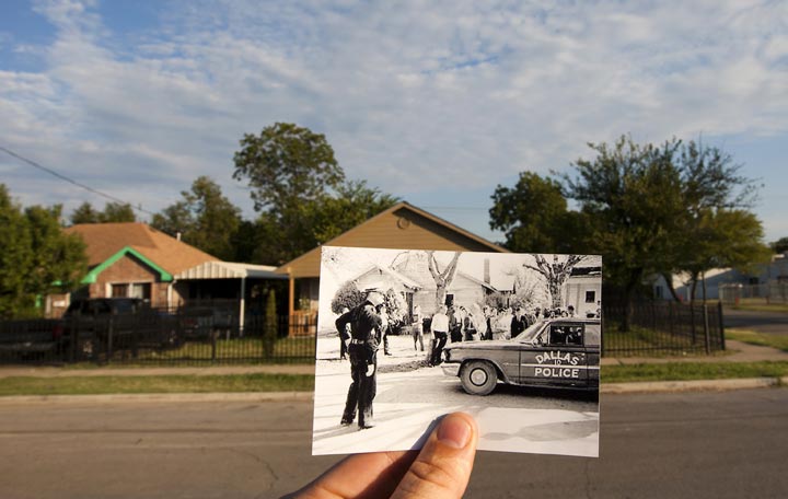 This Sept. 10, 2013 photo shows an image taken by Darryl Heikes of the Dallas Times Herald on Nov. 22, 2013, of the scene where Lee Harvey Oswald shot Dallas Police Officer J.D. Tippit, juxtaposed against the current scene in Dallas. The decorated, 11-year veteran police officer was, according to two federal government investigations, shot and killed by Oswald. (AP Photo/Houston Chronicle, Cody Duty)