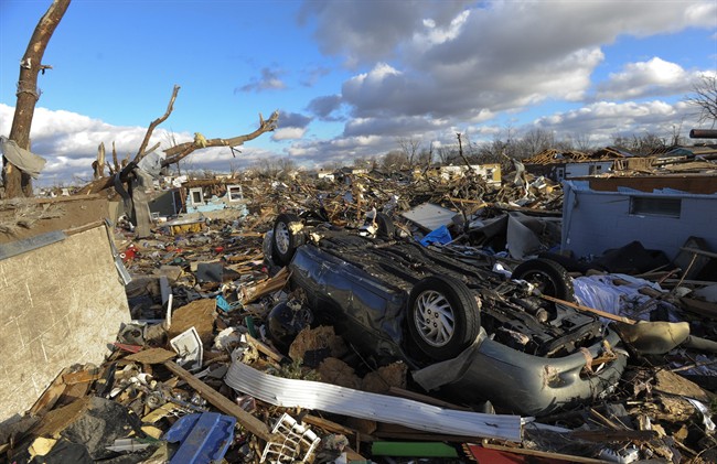 A neighborhood in the Devonshire subdivision of Washington, Ill., is left in ruins after a tornado tore through the northern part of the town on Sunday, Nov. 17, 2013 (AP Photo/Peoria Journal Star, Ron Johnson)