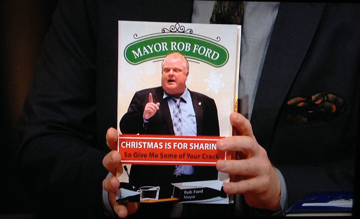 Bill Maher holds up a fake book by Rob Ford entitled ‘Christmas is for Sharing, So Give Me Some of Your Crack.’