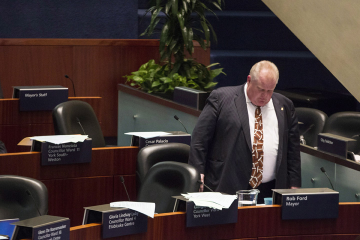 Toronto Mayor stands on the floor of the council chamber in Toronto on Thursday November 14, 2013.
