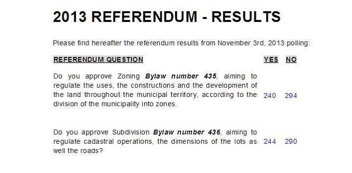 Senneville referendum results.