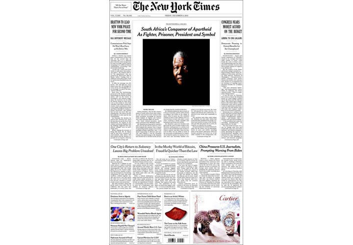 Mourning the death of Nelson Mandela: Newspaper, magazine front pages from around the world - image