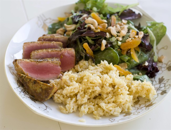 Recipes for coconut cashew salad, seared curry-rubbed tuna, tangerine twirls