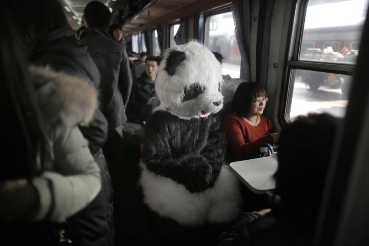 A woman wearing a panda costume sits on a train en route to Beijing. (Stringer/AFP/Getty Images)