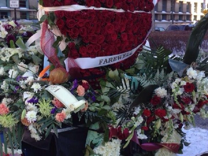 Flowers were prominently dislayed at the service for reputed Mafia boss Vito Rizzuto in Montreal on December 30, 2013.
