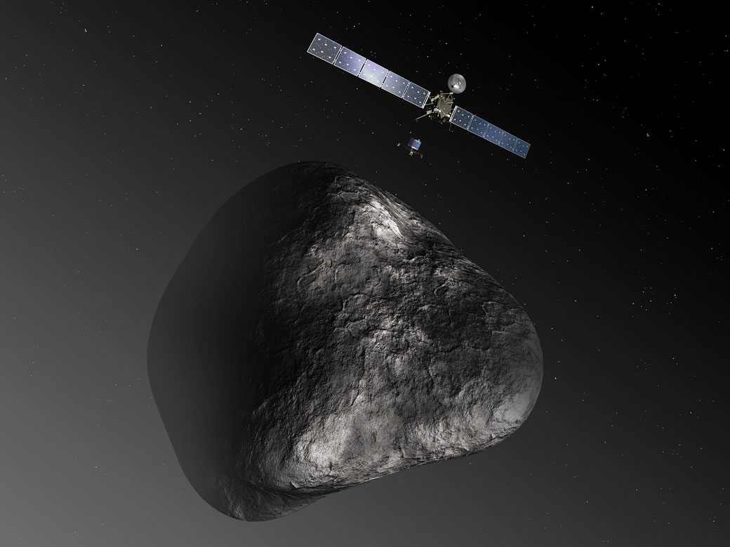 Artist’s impression of the Rosetta orbiter deploying the Philae lander to comet 67P/Churyumov–Gerasimenko.