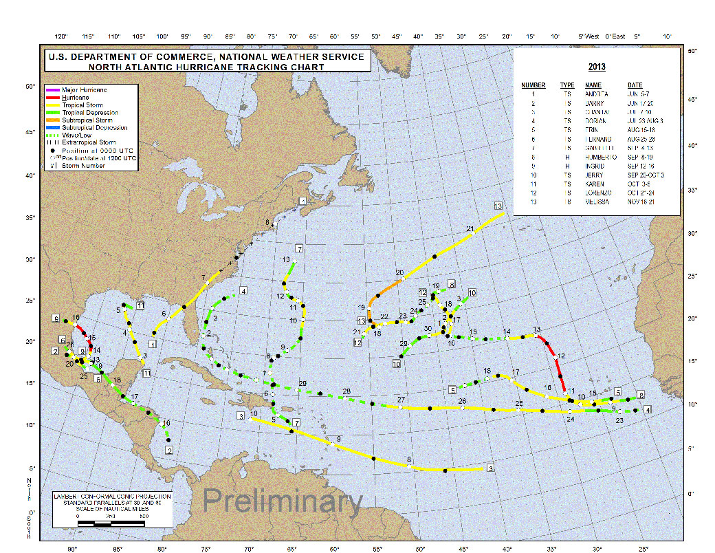 Map of the Atlantic tropical storms of 2013. (NOAA)