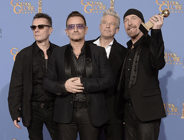 U2 backstage at the Golden Globe Awards on Jan. 12, 2014.