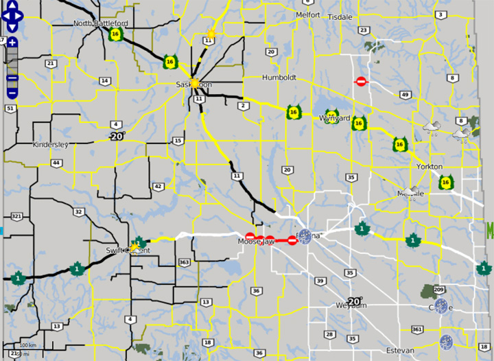 Winter road conditions during blowing snow and blizzard warnings in southern Saskatchewan on Sunday, Jan. 26, 2014. (Highway Hotline)