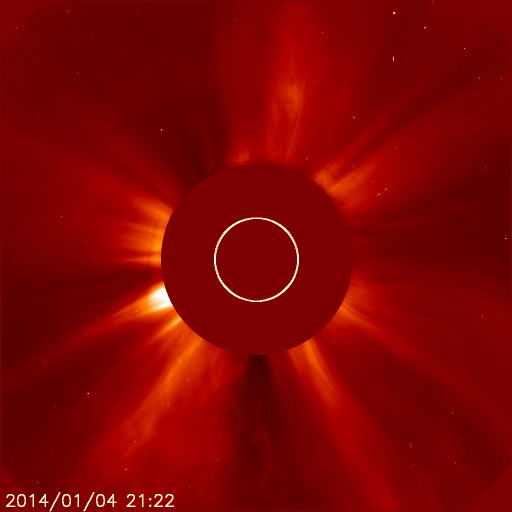 A coronal mass ejection is ejected from the sun. As the particles hit the satellite, they cause \”snow\” on the camera.