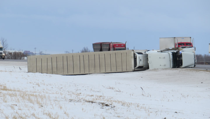 A semi may have been blown over by high winds on Highway 11 between Saskatoon and Warman on Jan. 15, 2014.