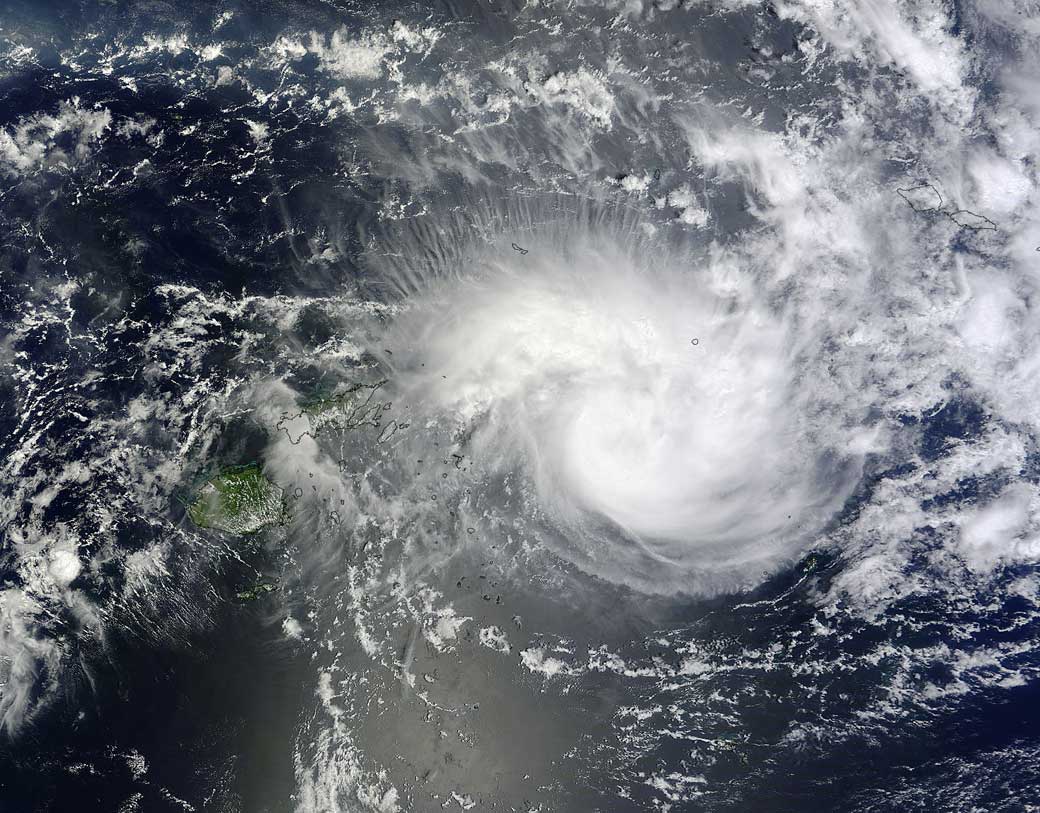 Tropical Cyclone Ian as it approaches the Tonga Islands on Jan. 9. (NASA Goddard MODIS Rapid Response Team)