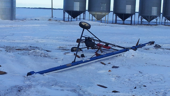 An auger was blown over by high winds near Rosthern, Saskatchewan on Jan. 15, 2014.