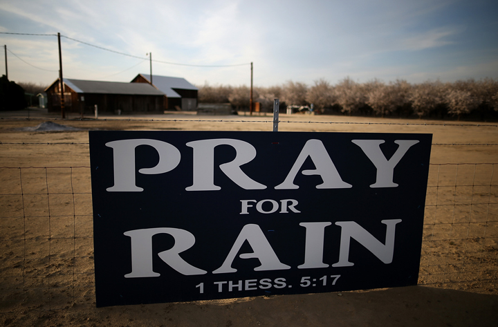 A sign is posted near an almond farm on Feb. 25, 2014 in Turlock, California. (Photo credit: Justin Sullivan/Getty Images)