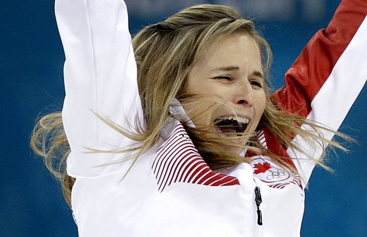 Canada’s skip Jennifer Jones celebrates after winning the women’s curling gold medal game against Sweden at the 2014 Winter Olympics, Thursday, Feb. 20, 2014, in Sochi, Russia.