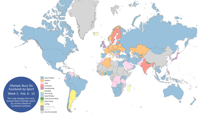 This map, provided by Facebook, shows the most talked about Olympic sports on Facebook by country. (Image courtesy of Facebook)