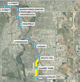 Below: City of Calgary map showing north-central/southeast LRT alignment