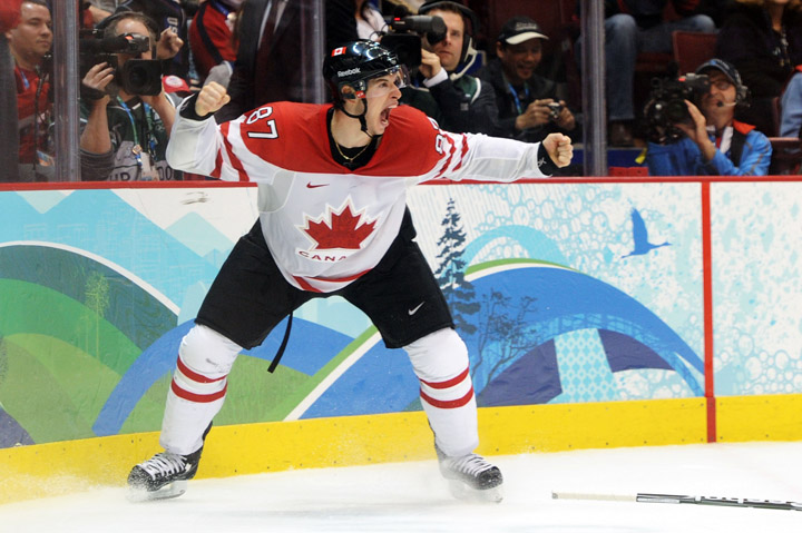 Sidney Crosby celebrates after scoring the matchwinning goal in overtime during the ice hockey men’s gold medal game between USA and Canada at the Vancouver 2010 Winter Olympics.